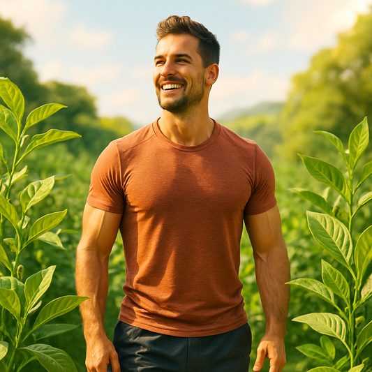 Healthy fit man standing in nature surrounded by Ashwagandha plants, symbolizing natural vitality, strength, and stress relief for men's health.